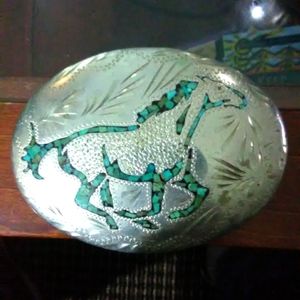 Gorgeous Sterling Silver Running Horse C & L Signed Turquoise Inlay Belt Buckle